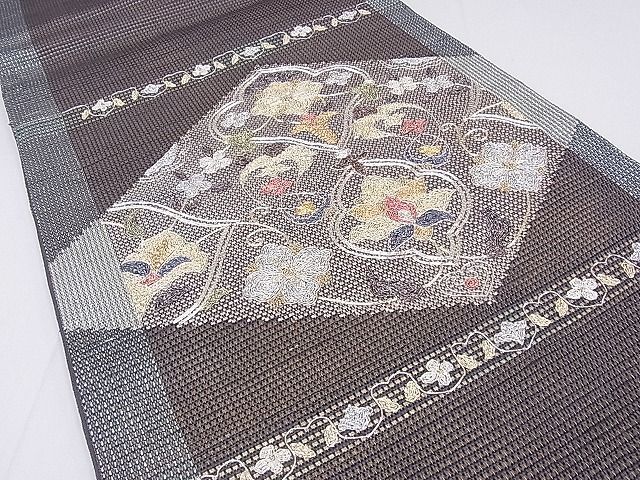 平和屋2■六通太鼓柄袋帯 駒刺繍 洋花花唐草文 金銀糸 逸品 fe7825の画像3