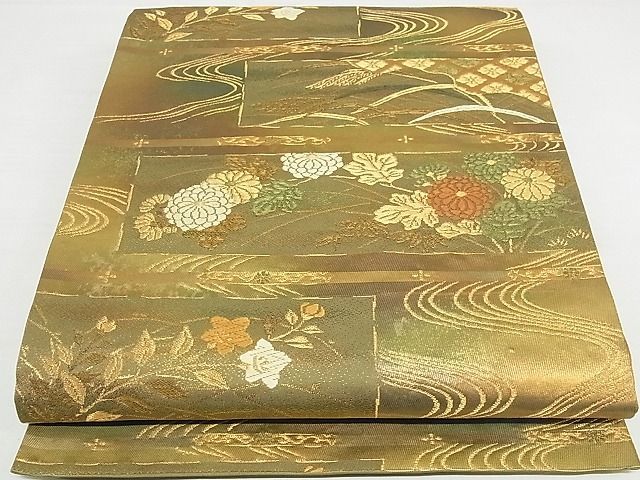 平和屋-こころ店■六通柄袋帯　唐織　流水花文　金糸　正絹　逸品　A-hg1240_画像1