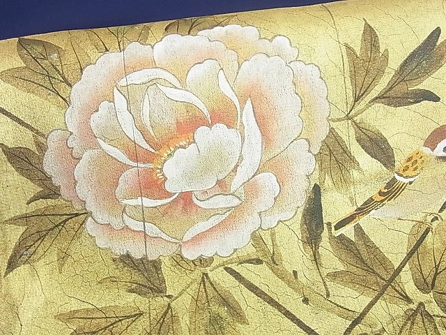 平和屋2■塩瀬　九寸名古屋帯　手描き　花鳥屏風文　雀　金彩　逸品　sf3686_画像4