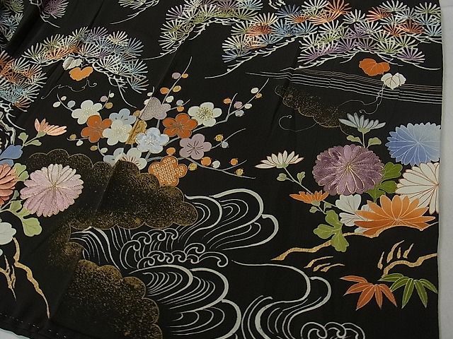 平和屋1■極上　アンティーク　大正ロマン　振袖　刺繍　雲取り松竹梅　黒地　金彩　逸品　未使用　1yc2775_画像7