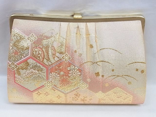 平和屋1■和装小物　バッグ・草履セット　亀甲御所車文　草履サイズ：Ｍ　金糸　逸品　未使用　ev2074_画像2