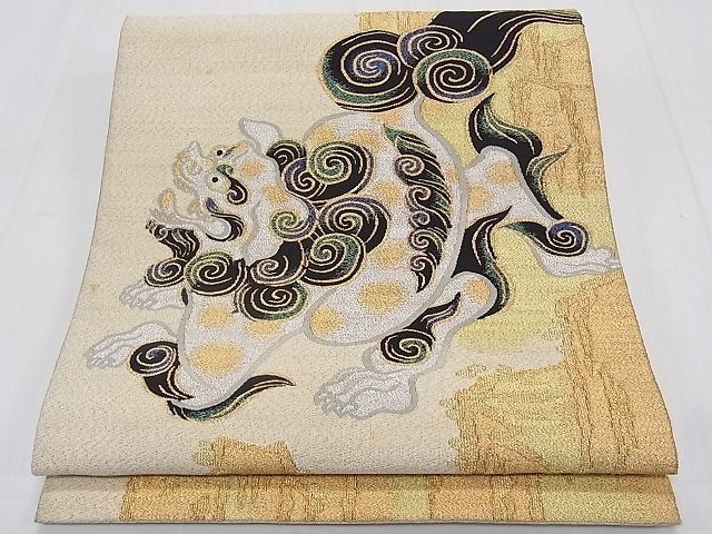 平和屋1■八寸名古屋帯　綴れ　唐獅子　金銀糸　逸品　1fb1689_画像1