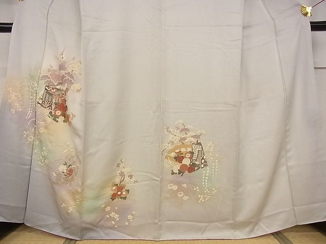 平和屋川間店■訪問着　御所車扇花蝶文　暈し染め　金彩　着丈163.5cm　裄丈69cm　正絹　逸品　A-wj4002_画像3