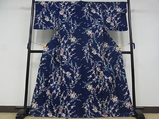 平和屋川間店■上質な小紋 花籠文 紺地 着丈167.5cm 裄丈66cm 正絹 逸品 未使用 B-wt7367の画像2