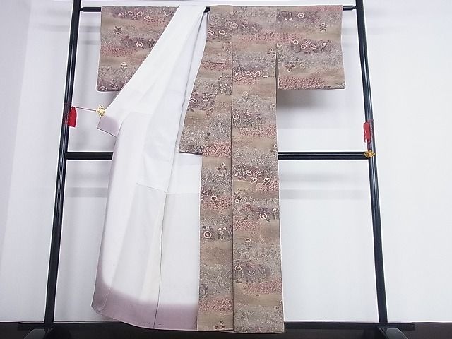 平和屋川間店■上質な小紋　横段花文　暈し染め　鬼しぼ縮緬　着丈154cm　裄丈62cm　正絹　逸品　B-ag2723_画像3