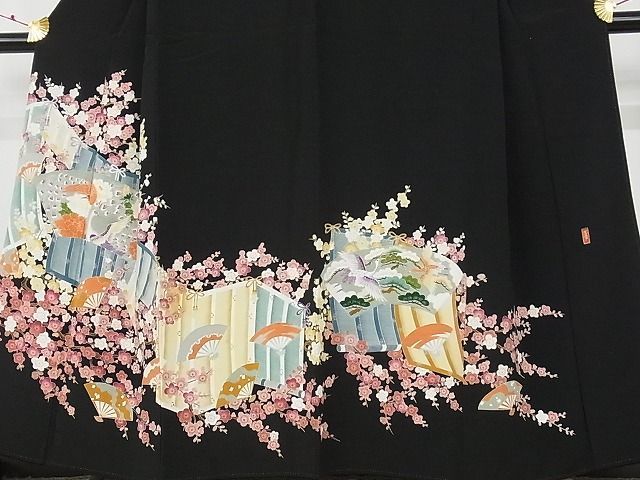 平和屋川間店■豪華黒留袖　作家物　地紙扇面花鳥文　着丈157.5cm　裄丈64cm　正絹　逸品　B-sa4276_画像3