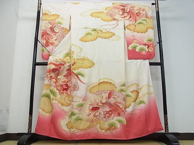 平和屋川間店■小振袖　二尺袖　刺繍　地紙鳳凰花文　金糸　金彩　逸品　ox3491_画像1