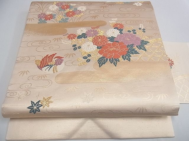 平和屋川間店■西陣　丸福織物謹製　九寸名古屋帯　花鳥文　金糸　逸品　tw3637_画像2