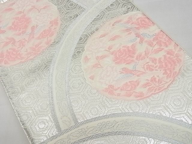 平和屋野田店■六通柄袋帯　唐織　青海波花鳥絵皿　銀糸　逸品　n-qw0884_画像2