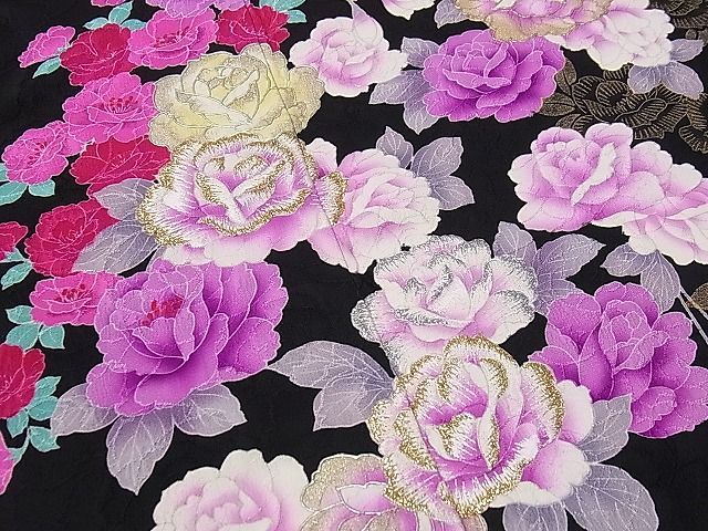 平和屋1□極上　大正の浮世絵師　竹久夢二　夢二ロマン　振袖　刺繍　薔薇　黒地　本金箔　逸品　3s30238_画像3