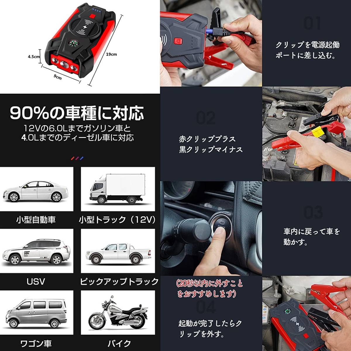 1円 ジャンプスターター 12V車用エンジンスターター 39800mAh 非常用電源 充電器 ポータブル充電器 LEDフラッシュライト 自動車用 PSE認証_画像7