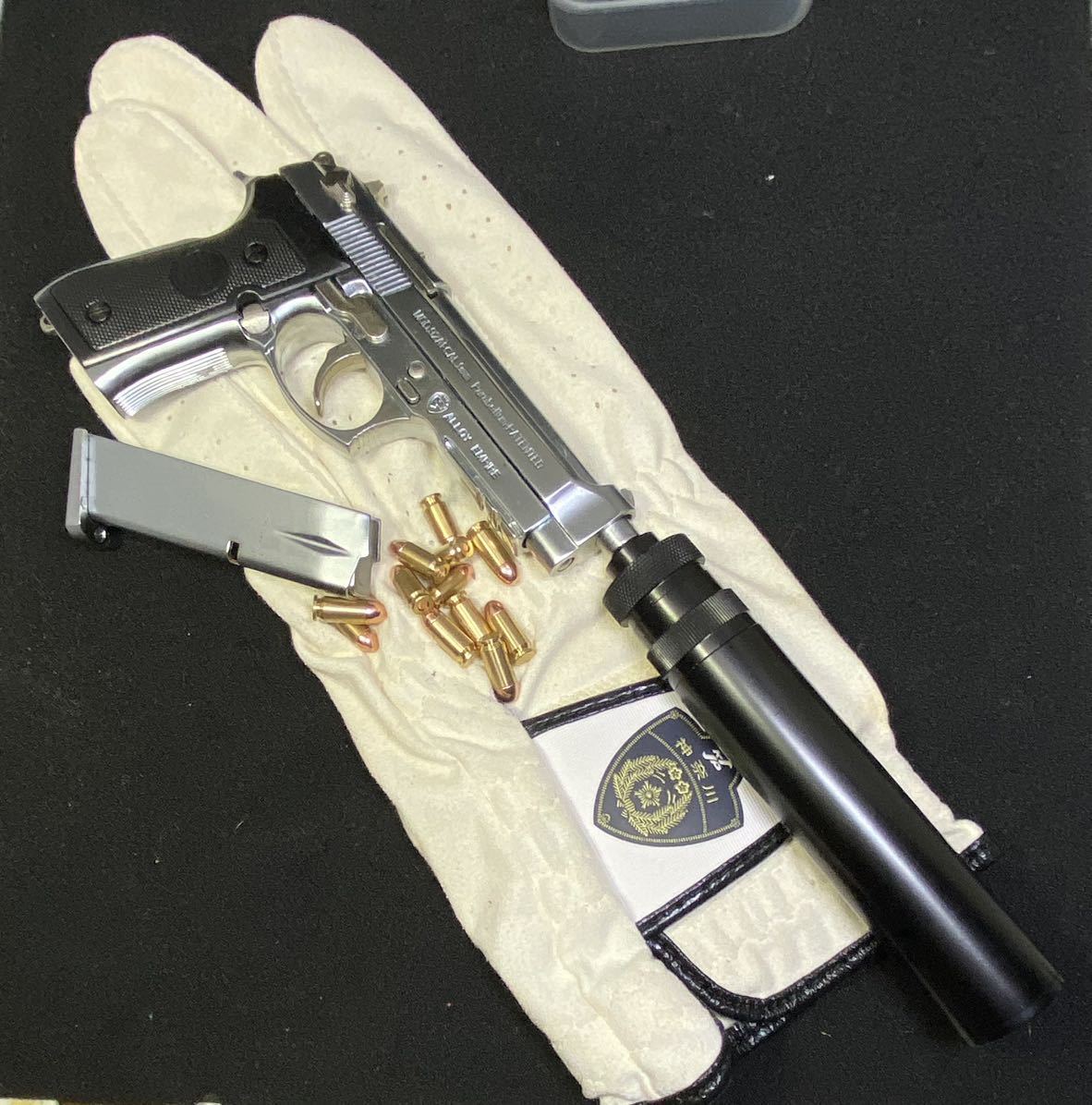 2024年最新ロット　1/2scale ミニチュア　モデルガン　Beretta M9 A1 silver CNC cartridge[6発]真鍮cartridge[6発] ★silencer付【限定1_long silencer 付属