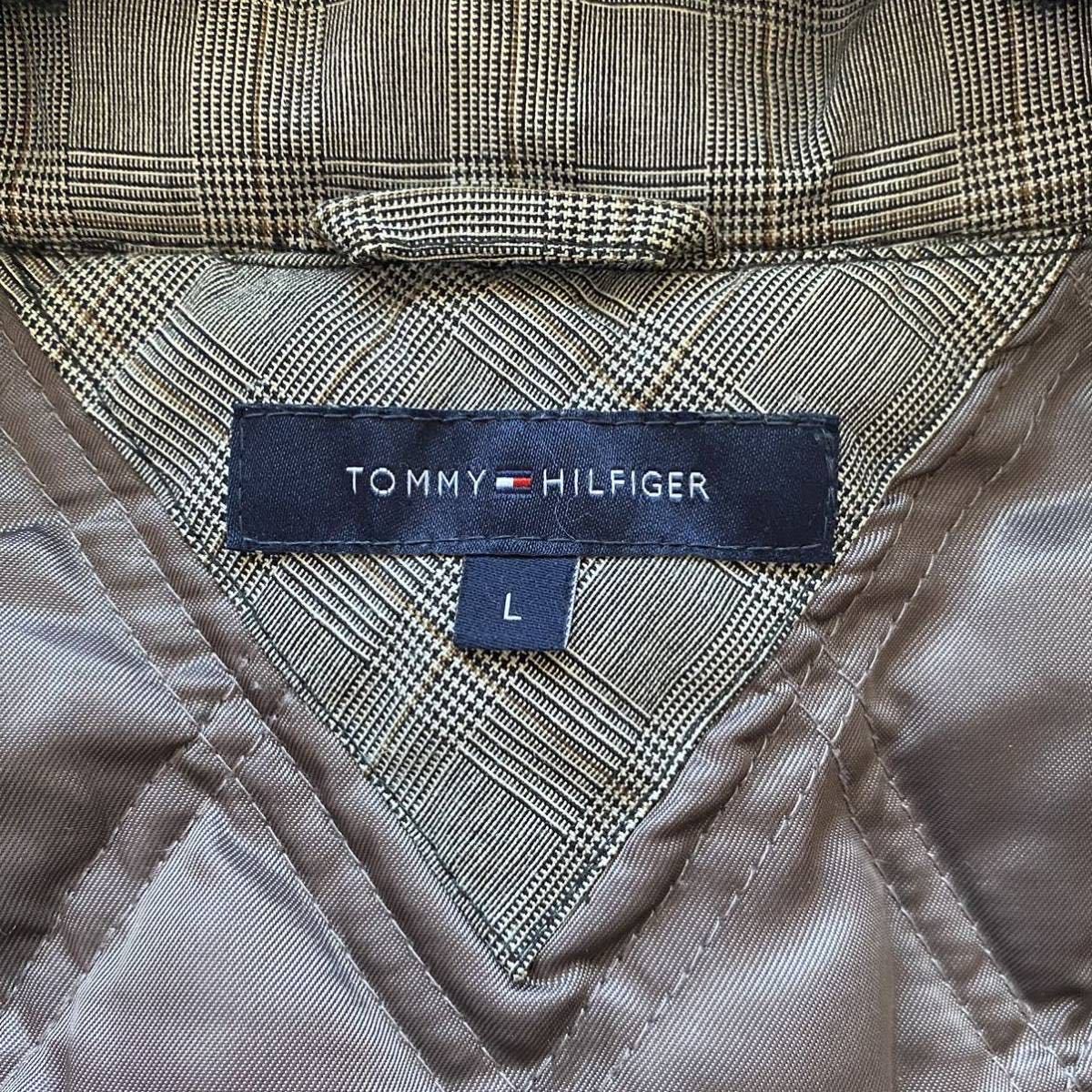 トミーヒルフィガー TOMMY HILFIGER 襟ボア ダウンジャケット ブルゾン チェック柄 袖ロゴ刺繍 フード着脱可 Lサイズ グレー 灰 メンズ_画像8