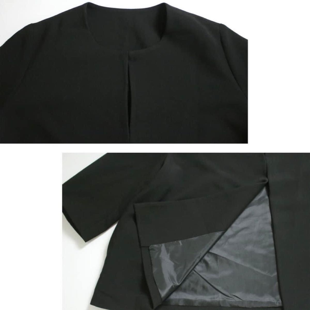 体型カバー ノーカラー フォーマル オフィス パンツスーツ ブラック Mサイズ セットアップ