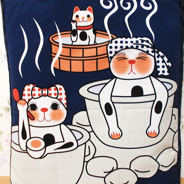 和柄 大きめトートバッグ いい湯だな♪ 露天風呂 招き猫 ハンドメイド ショルダーバッグ エコバッグ 帆布 にゃんこ_画像4