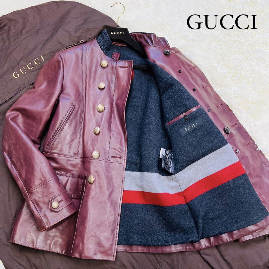 定価92万/超激レア/希少L/グッチ◎GUCCI レザーナポレオンコート ヴィンテージ ボルドー ワインレッド シェリーライン インターロッキング_画像1