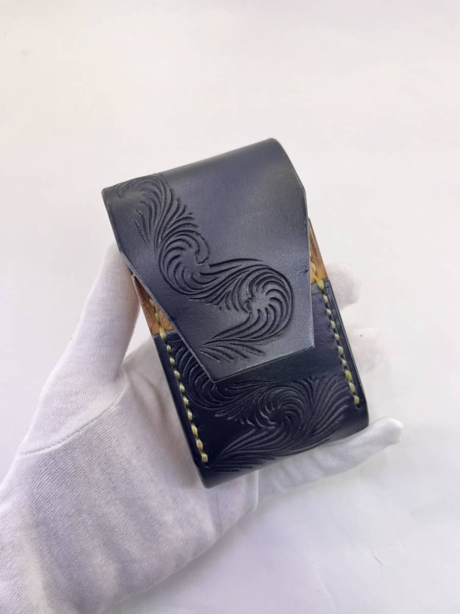  cigarettes case [ selling up * prompt decision 8000 jpy ] hand made leather craft leather Carving hand carving sculpture Tang . pattern black natural two-tone color - leather 