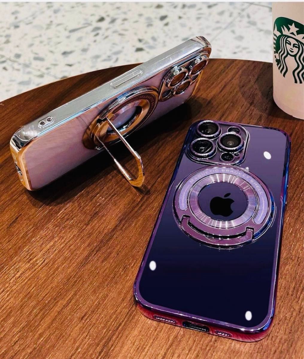 iPhone 15  クリアケース MagSafe充電 レンズ保護 カバー スタンド付き メッキ加工 