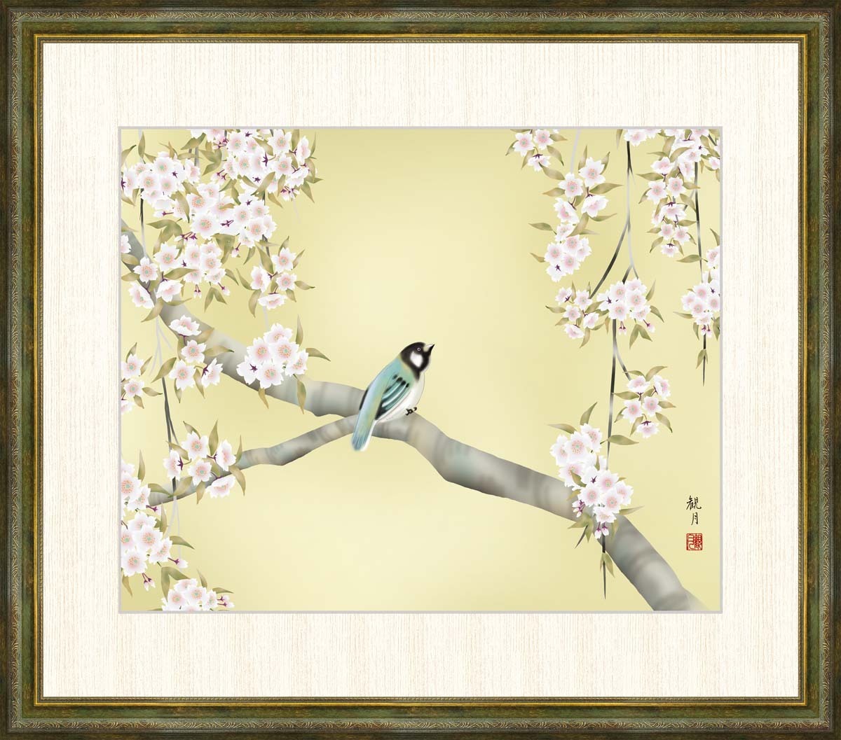 高精細デジタル版画 額装絵画 森山観月作 「桜花に小鳥」 F8_画像1