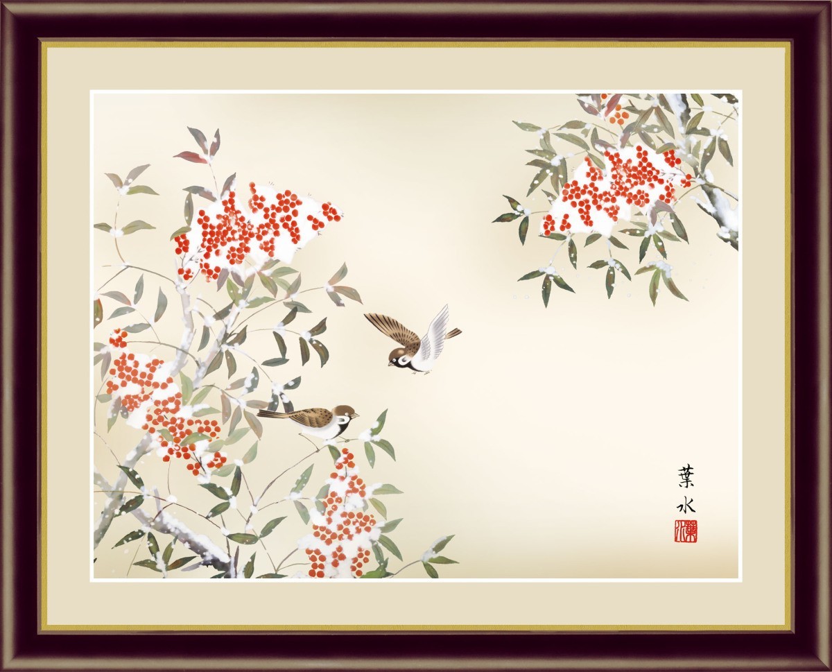  High-definition digital woodcut frame picture Japanese picture flowers and birds . winter decoration . person leaf water work [ south heaven ..] F6
