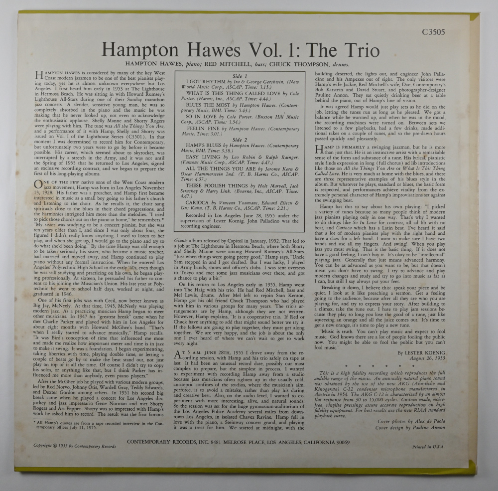 HANPTON HAWES Vol.１ THE TRIO 　ハンプトン・ホーズ・トリオ　contemporary C3505_画像2