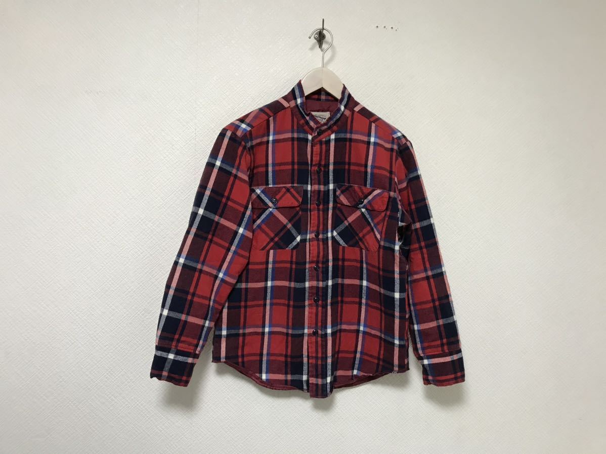 本物ダファーDUFFERコットンチェック柄中綿バンドカラーネル長袖シャツジャケットサーフワークミリタリービジネススーツメンズ赤レッドS