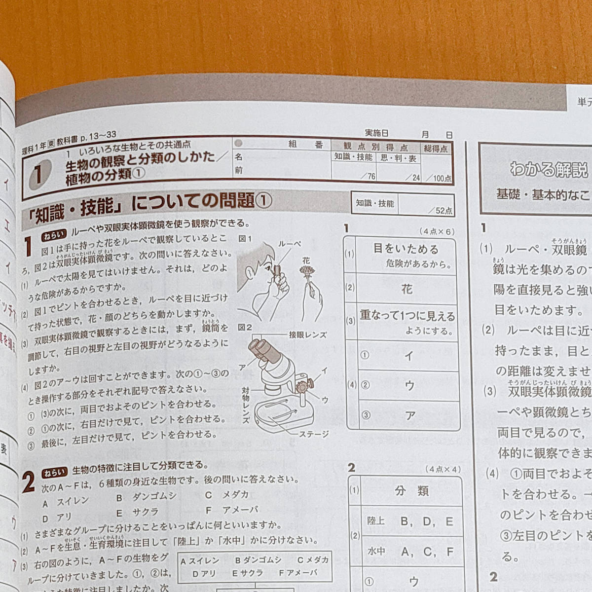 令和4年対応 新学習指導要領「絶対評価プリント 理科 1年 東京書籍版【教師用】」教育同人社 答え 解答 観点別評価プリント 東書 東.