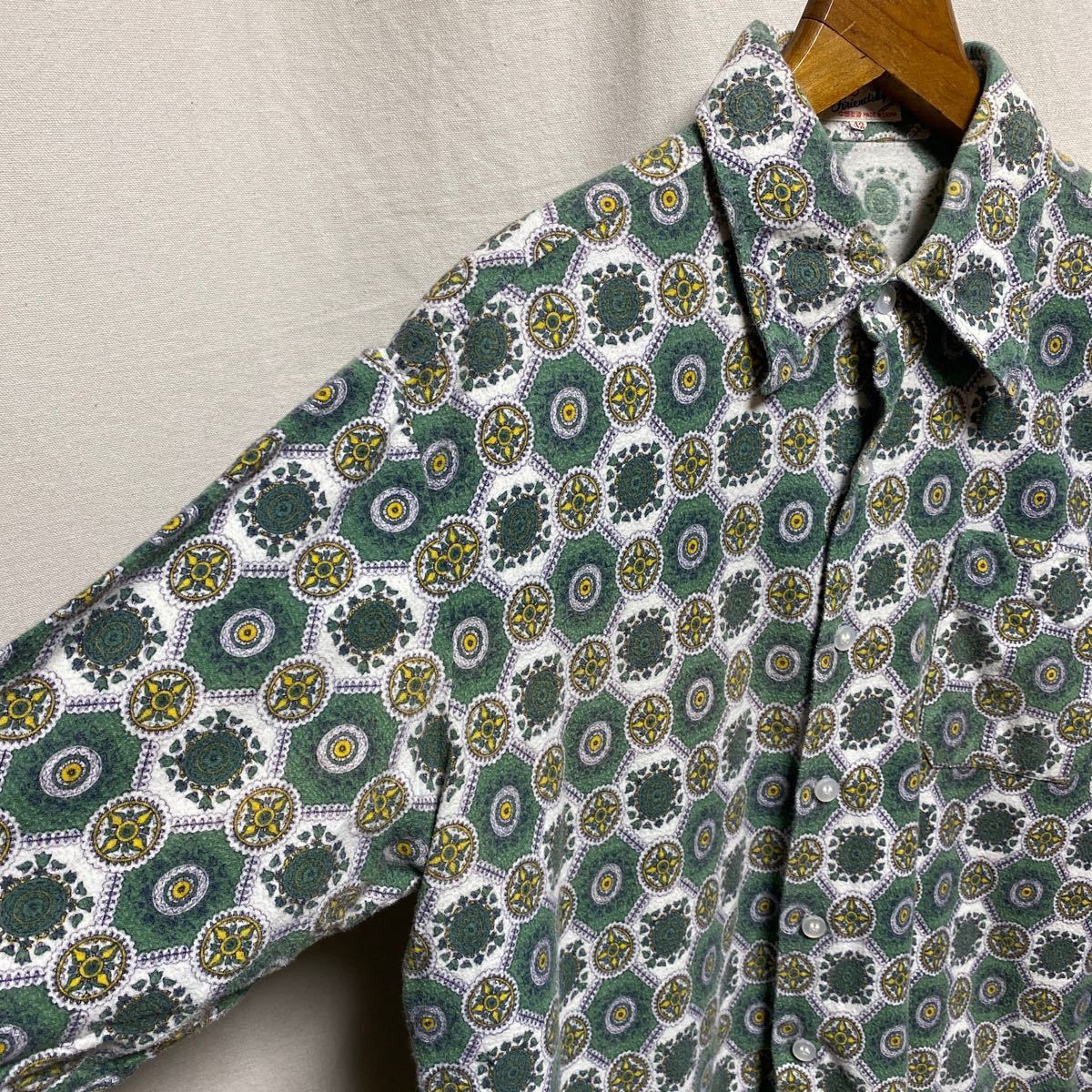 オールド　プリントネル　パジャマシャツ　80s 90s 古着　ヴィンテージ　中国製　スリーピングシャツ　総柄　長袖シャツ_画像5