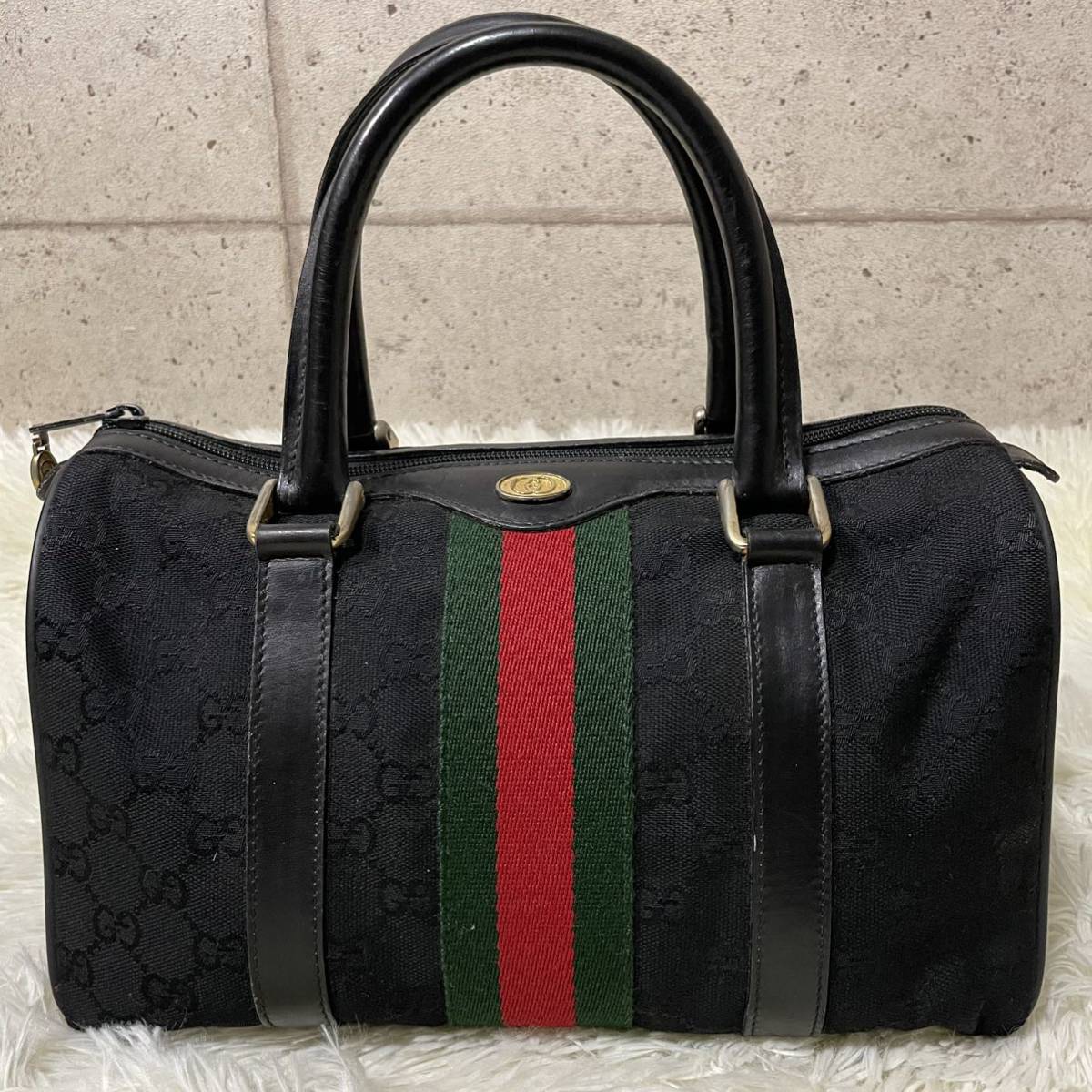 ①【美品】OLD GUCCI オールドグッチ ミニボストンバッグ　シェリーライン GGキャンバス 黒_画像2