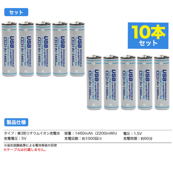 単三電池 充電池 単3形×10本セット Type-C充電 リチウムイオン電池 1460mAh 1.5V 充電器不要 単三電池 高速充電 保護回路搭載 旅行 防災_画像8