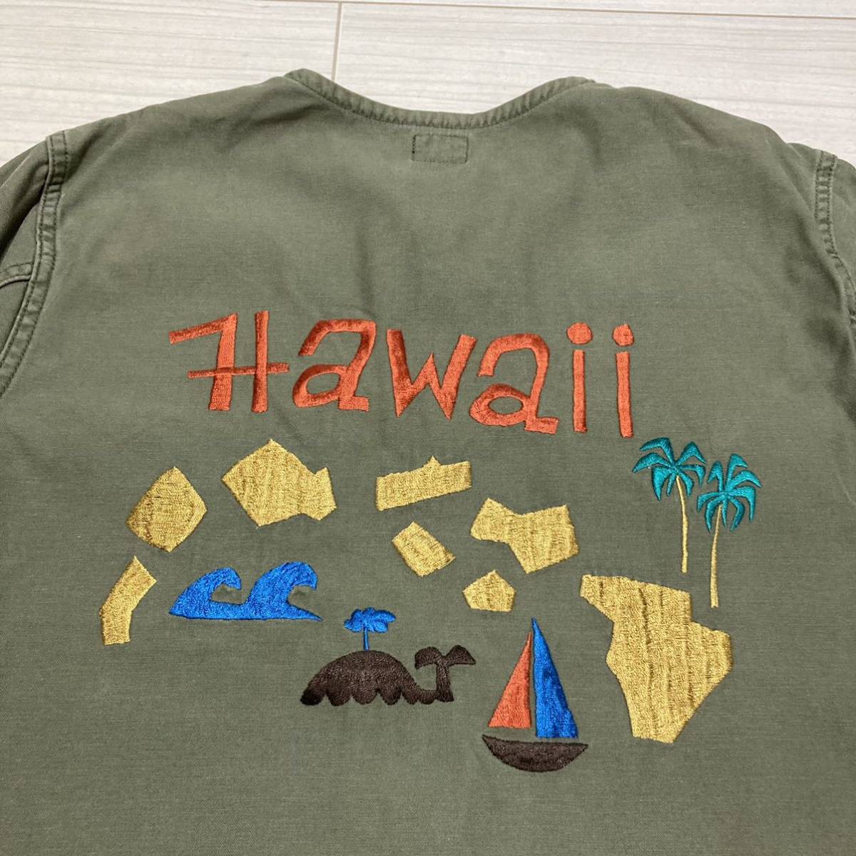 PIG＆ROOSTER■ハワイ刺繍 ノーカラー ミリタリー ユーティリティシャツ 40 L オリーブ ピッグアンドルースター DA UTILITY SHIRT HAWAII_画像9