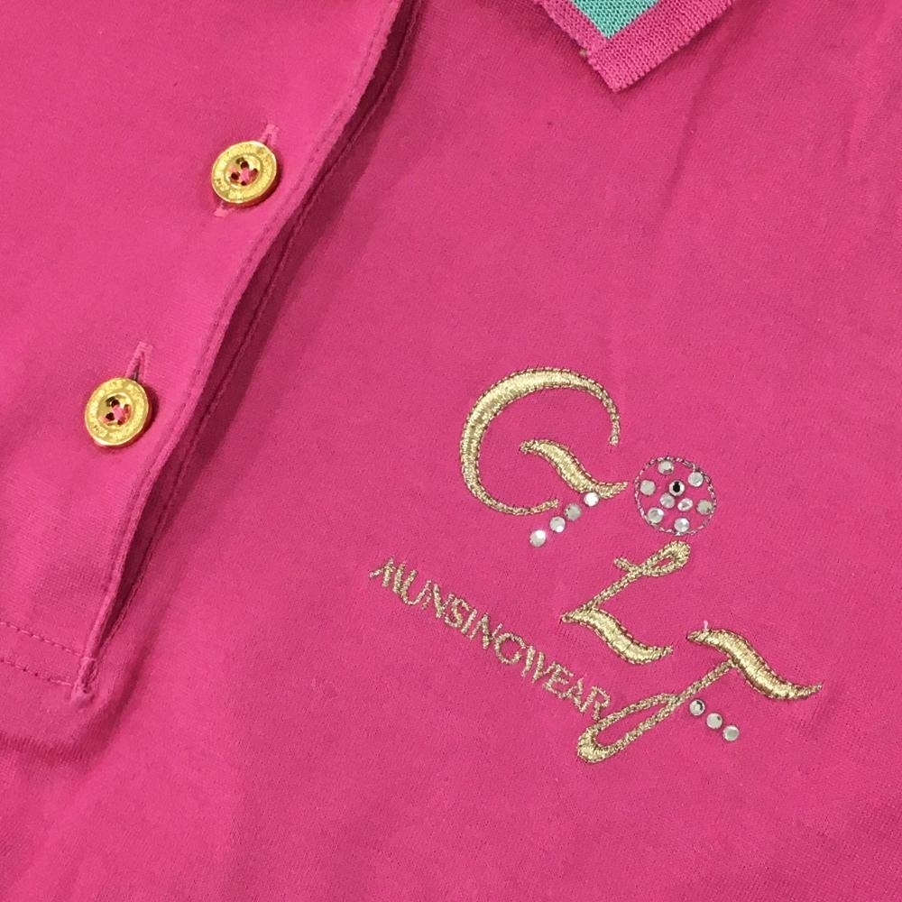 マンシングウェア 半袖ポロシャツ ピンク×ゴールド ロゴ刺しゅう ラインストーン レディース L ゴルフウェア Munsingwear_画像3