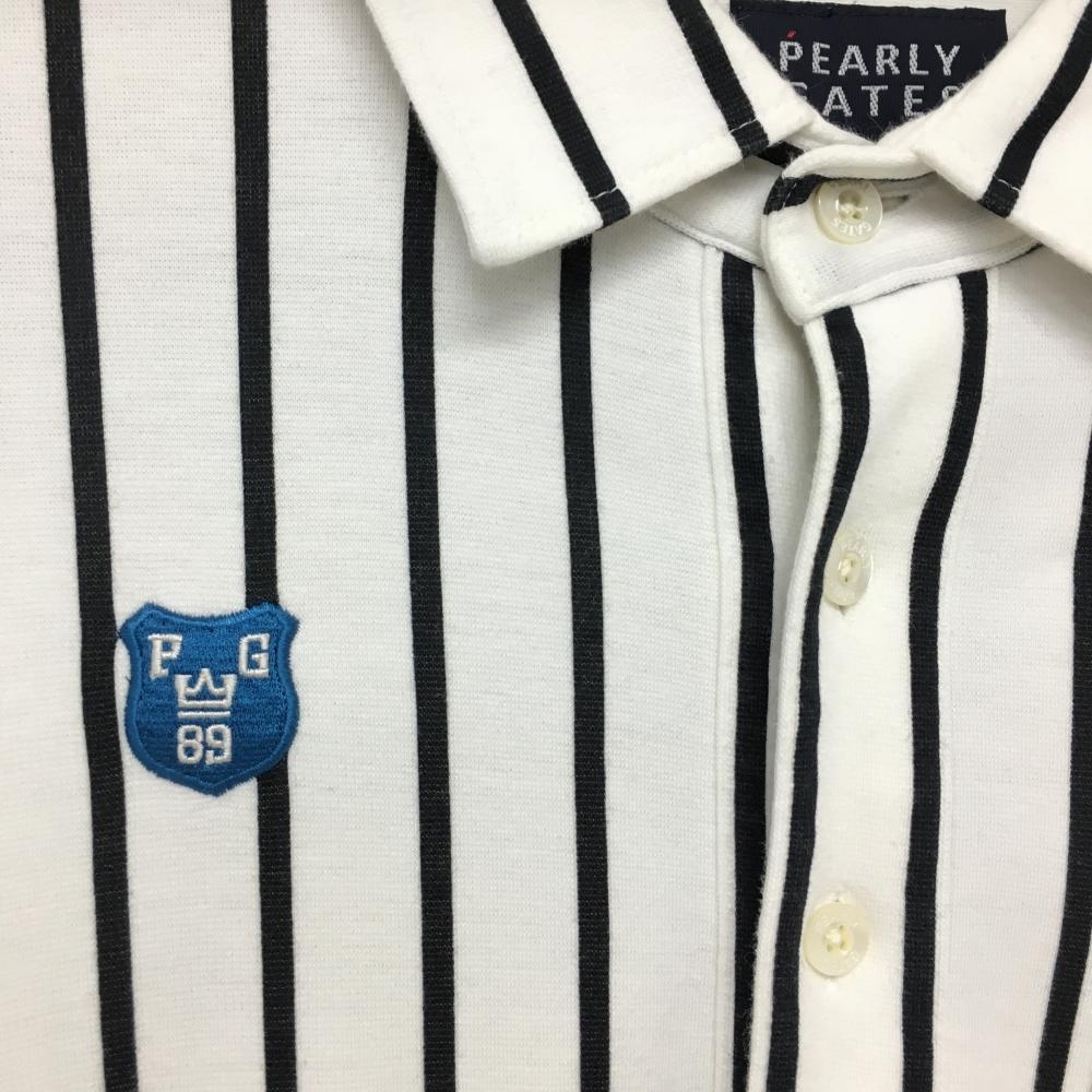 【美品】パーリーゲイツ 長袖ポロシャツ 白×黒 ストライプ 日本製 コットン混 メンズ 5(L) ゴルフウェア PEARLY GATESの画像3
