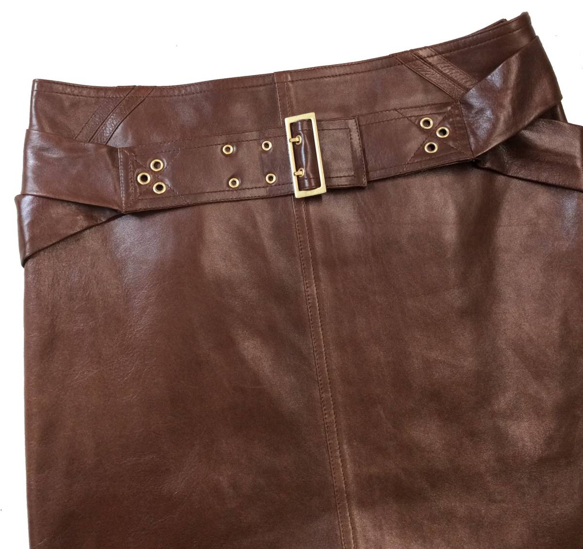 GUCCI Gucci ITALY made sheep leather leather skirt belt attaching Brown tight skirt lady's 42 (ma)