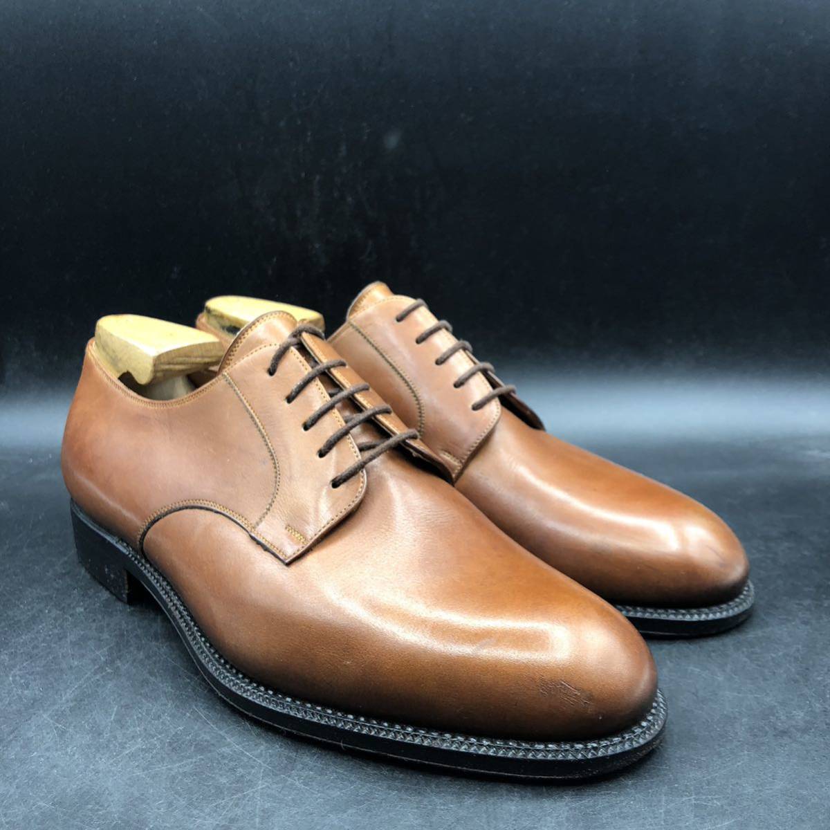 M2151 良品 YANKO ヤンコ レザー ビジネスシューズ プレーントゥ 外羽根 メンズ 7/25.0cm ブラウン 茶 革靴 の画像2