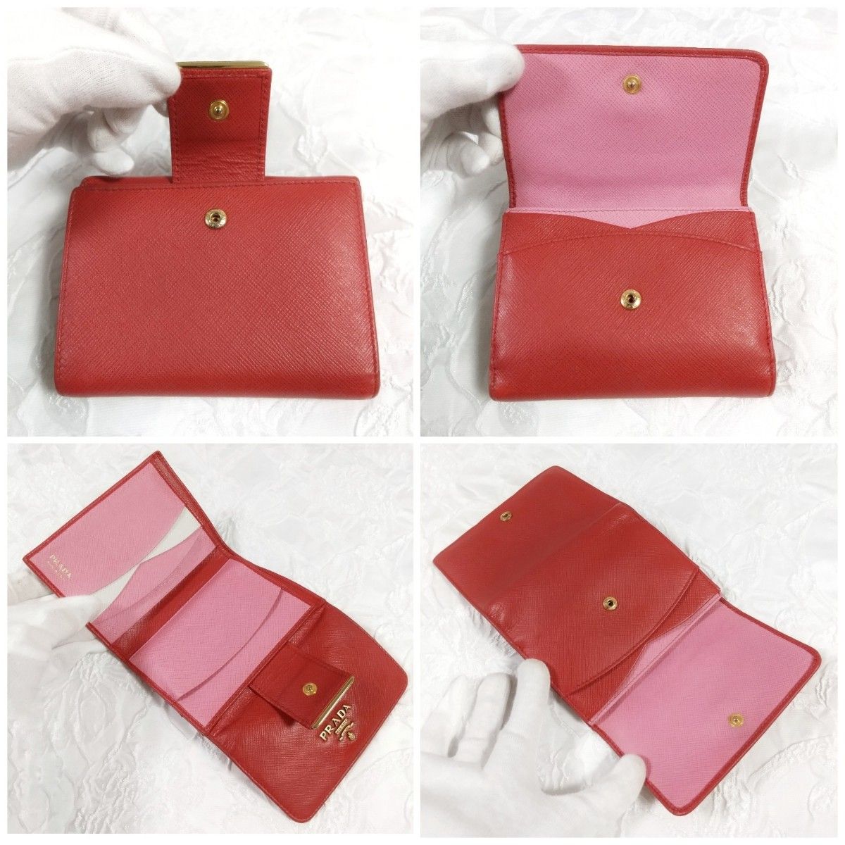美品 プラダ PRADA サフィアーノ 2つ折り財布 Wホック マルチカラー 赤 ピンク 専用箱