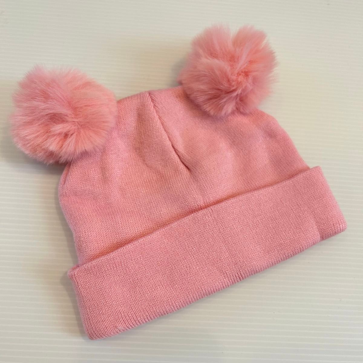 《新品》ベビー ふわふわ ボンボン耳付き ニット帽 柔らか素材 ピンク 帽子