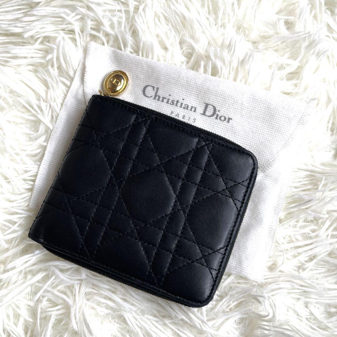極美品 入手困難 / Christian Dior クリスチャンディオール カナージュコンパクトウォレット 二つ折り財布 ラウンド レザー ブラック_画像2