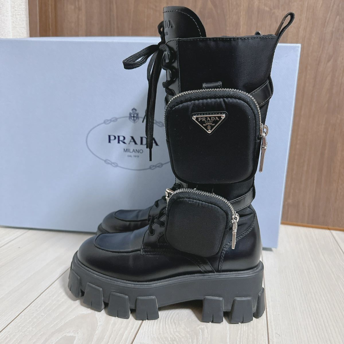 【PRADA】モノリス　ロングブーツ　36 レザー　編み上げ【23.5cm】