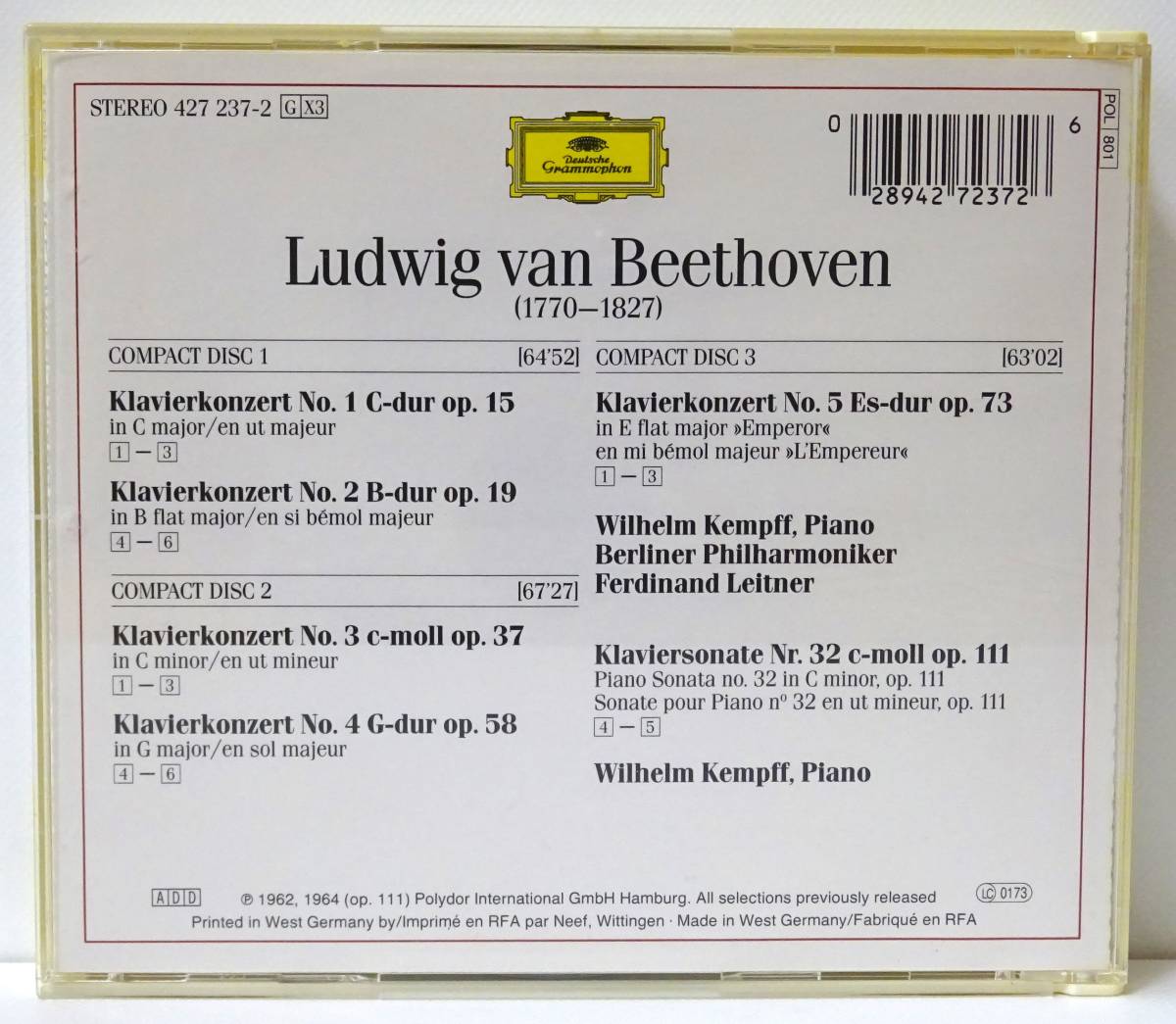 ベートーヴェン　ピアノ協奏曲全集　ピアノ・ソナタ第32番　ヴィルヘルム・ケンプ　ライトナー指揮　ベルリン・フィル　3CD BOX_画像2