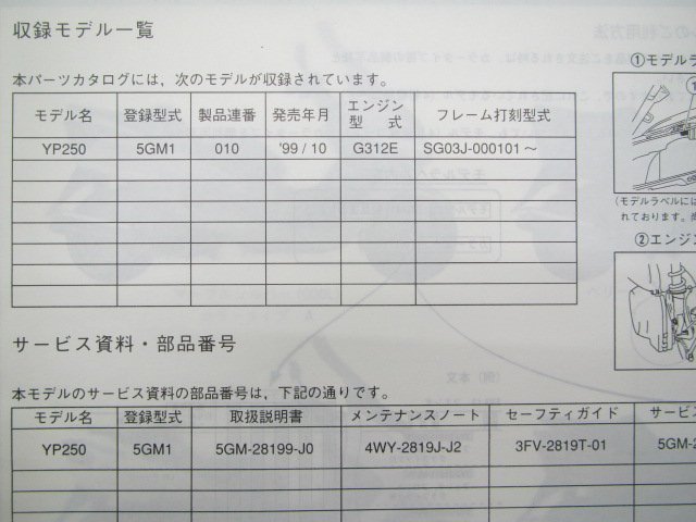 マジェスティ250 パーツリスト 1版 ヤマハ 正規 中古 バイク 整備書 YP250 5GM1 SG03J in 車検 パーツカタログ 整備書_5GM-28198-10-J1