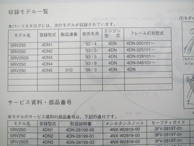 SRV250 S ルネッサ パーツリスト 1版 ヤマハ 正規 中古 バイク 整備書 4DN1～4DN5 4DN000101～ 025101～ 038101～045101～整備に jm_4DN-28198-16-J1