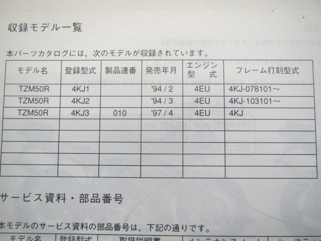 TZM50R パーツリスト 1版 ヤマハ 正規 中古 バイク 整備書 4KJ1 4KJ2 4KJ3 4KJ-078101～ 4KJ-103101～ un 車検 パーツカタログ 整備書_4KJ-28198-17-J1