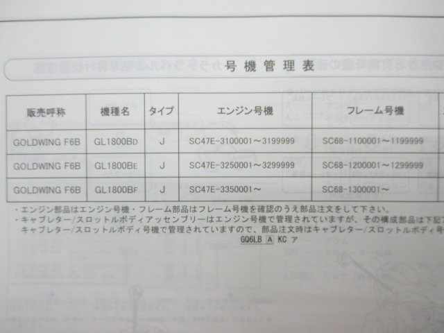 ゴールドウイングF6B パーツリスト 3版 ホンダ 正規 中古 バイク 整備書 GL1800B SC68-110 120 130 cK 車検 パーツカタログ 整備書_11MJGD03