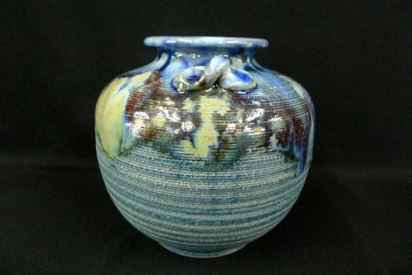 N107 美品 信楽焼 明山作 耳付き花器 花瓶 花入れ 花生 飾り壺 華道具 茶道具 伝統工芸 共箱/80_画像5