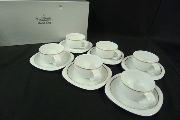 N361 未使用品 Rosenthal スタジオライン 珈琲紅茶カップ＆ソーサー 6客セット 白磁金彩リム碗スクエア受皿揃 /100