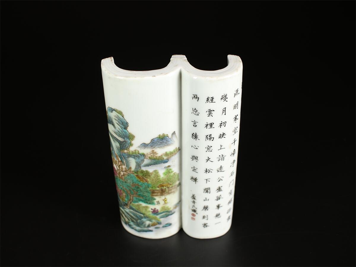 C2255 【清代景徳鎮製】彩山水漢詩文 腕枕／共箱 美品！ ｈ_画像7