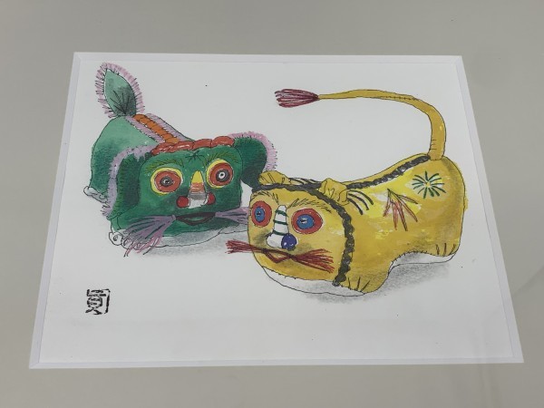 B4-786 水彩画 日本美術院特待 山本真也 「 虎人形 」 日本画 額装 共シール_画像2