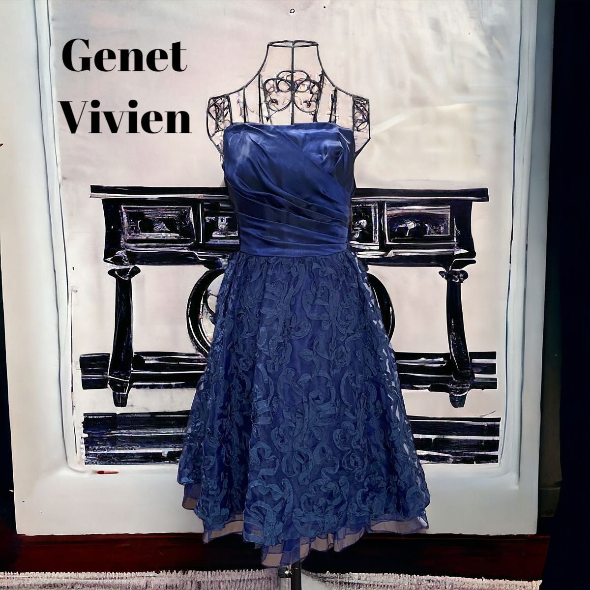 Genet Vivien ジュネビビアン 高級 パーティードレス ワンピース 発表会 ネイビー 9号 日本製《クリーニング済み》