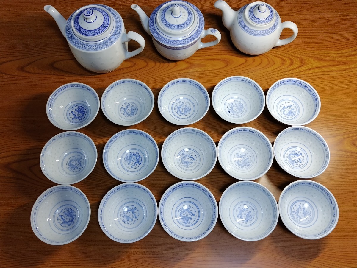 おトク】 A879 中国 景徳鎮 中国茶器 染付 茶器 急須3点＆湯呑み茶碗15
